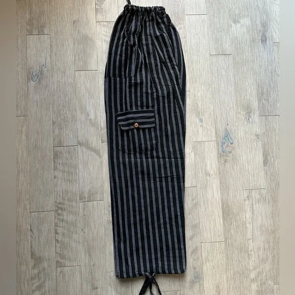 Handmade Peruvian Inca Boho Striped Black Straight Leg Pants Medium - Picture 2 of 5